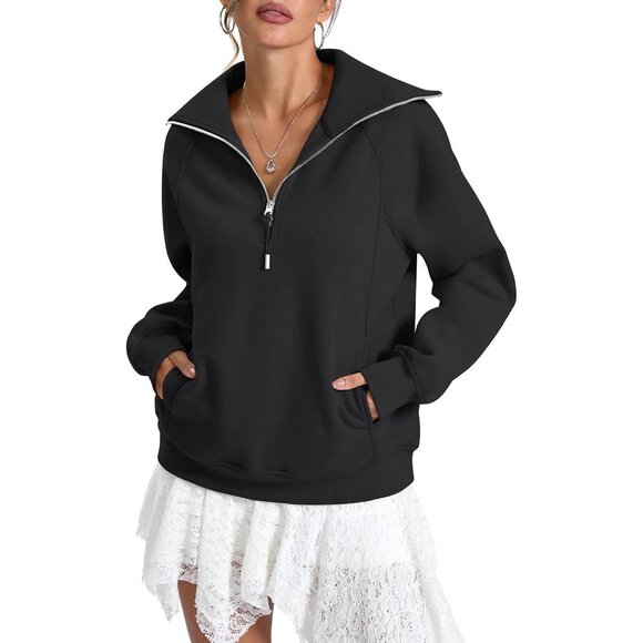 Tops - Women's Fleece Lined Zip Pocket Long Sleeve Sweatshirts Hoodies Tops Black